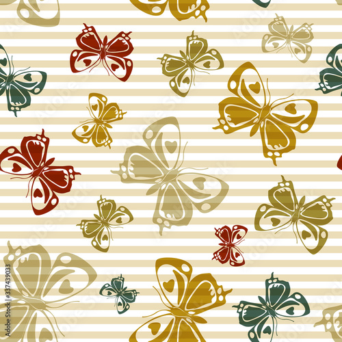 Flying butterfly silhouettes over striped background vector seamless pattern.