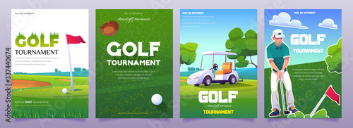 Golf tournament posters with illustration of green course, cart, tee and player. Vector cartoon flyers for advertising sport competition with grass, flag and putter. Golf club vertical banners