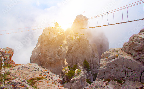 Ai-petri mountain in the fog. High mountain. Crimea. Russian mountains. Low clouds. Beautiful mountain landscape. The famous AI Petri mountain, partially covered with clouds, fog, one of the highest