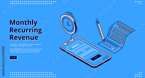 Monthly recurring revenue banner. Fixed earnings and payments, MRR concept. Vector landing page of recurring income with isometric icons of bills on smartphone screen and time reminder