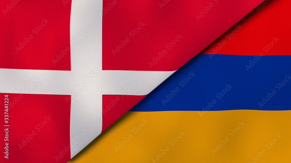 Fototapeta premium The flags of Denmark and Armenia. News, reportage, business background. 3d illustration