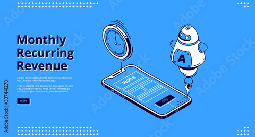 Monthly recurring revenue banner. Fixed earnings and payments, MRR concept. Vector landing page of recurring income with isometric icons of smartphone screen, artificial Intelligence and time reminder