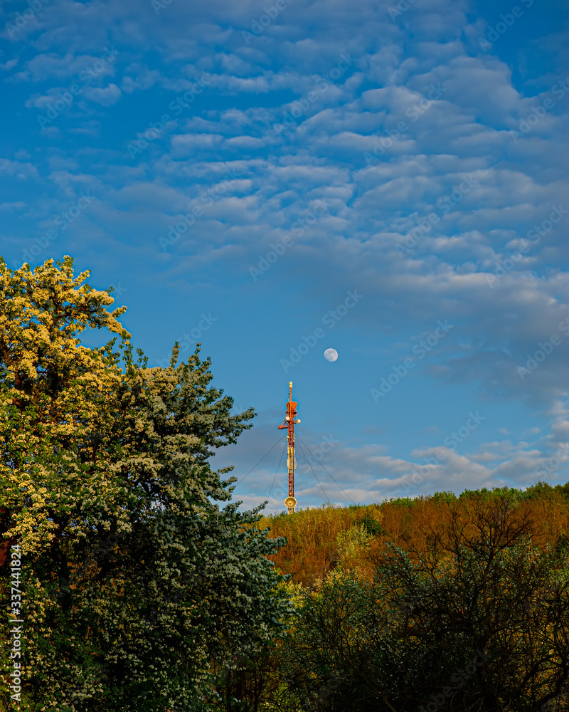 Obraz premium Moon, TV antenna repeater and flowering pear in the evening.