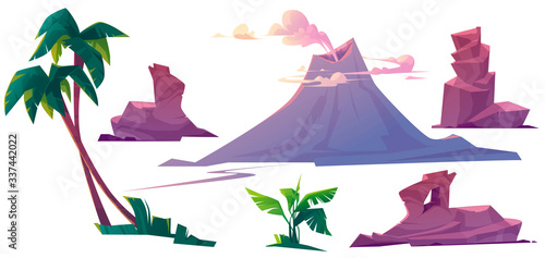 Volcano with smoke, rocks and palm trees isolated on white background. Vector cartoon set of volcanic eruption, mountain with smoking crater, tropical plants and stones