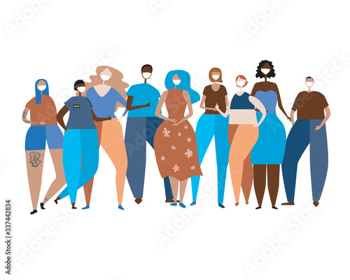 Masked people for protection against infection and coronovirus as a concept of hazard prevention, flat vector stock illustration with multicultural men and women fighting the virus