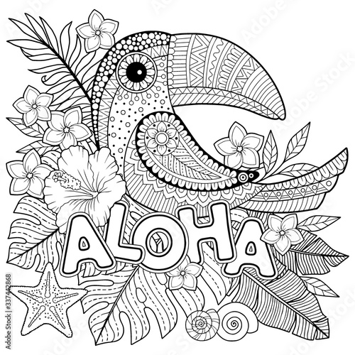 Vector coloring book for adults. Toucan among tropical leaves and flowers. Coloring page for relax and relif