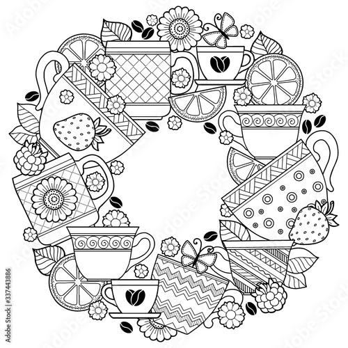 Vector black and white coloring book for adults. Round frame of coffee cups and tea with flowers and strawberries