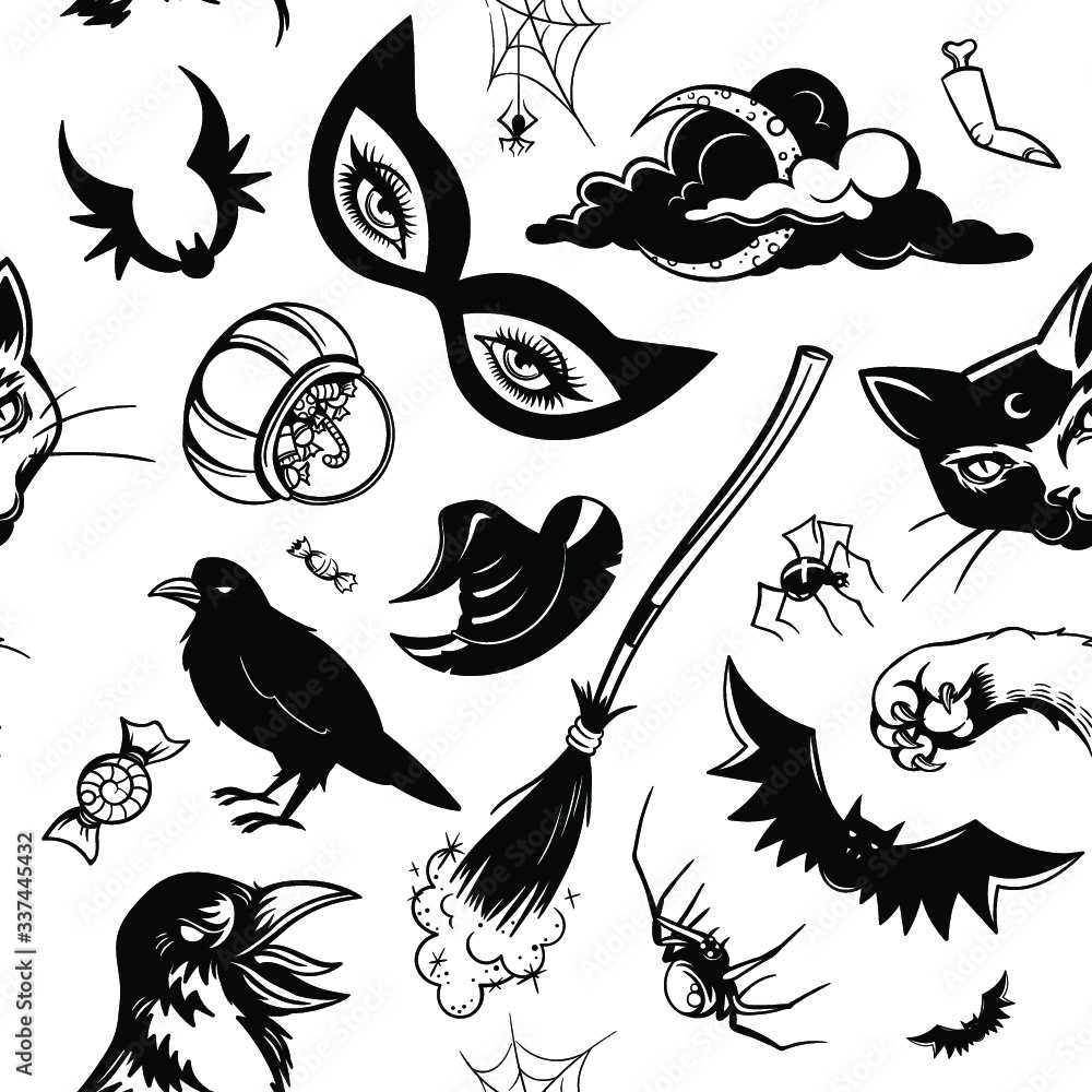 Fototapeta premium Vector Black and White Halloween Seamless Pattern