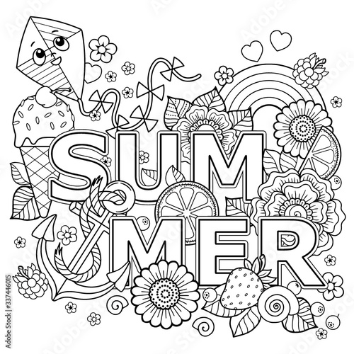 Hand drawn vector coloring book for adult. Summer holidays, party and rest