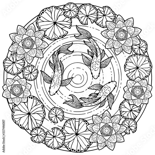 Vector coloring page for adult. Tropical summer pattern background with koi fish and lotos flower