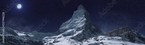 Fototapeta Naklejka Na Ścianę i Meble -  panoramic view to the majestic Matterhorn mountain at night. Valais, Switzerland