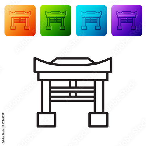 Black line Japan Gate icon isolated on white background. Torii gate sign. Japanese traditional classic gate symbol. Set icons in color square buttons. Vector Illustration