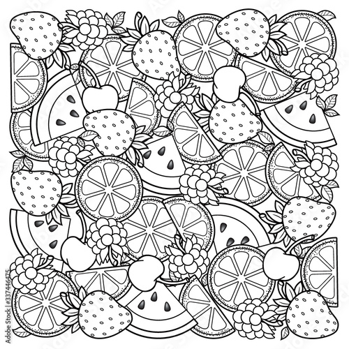 Vector coloring book for adult, for meditation and relax. Shape of watermelon, strawberries, citrus, cherries and strawberries. Black and white image on a white background of isolated elements