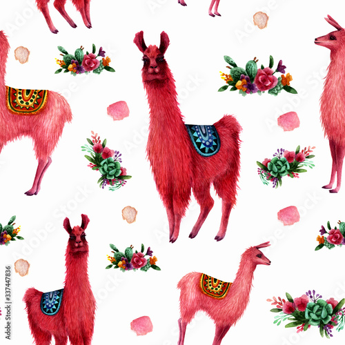 Watercolor llamas seamless pattern