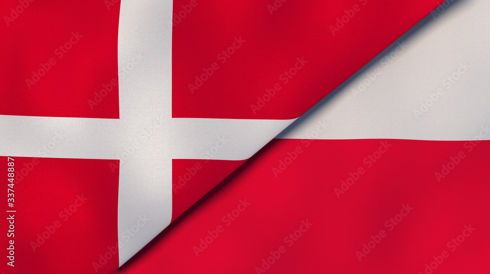 Fototapeta premium The flags of Denmark and Poland. News, reportage, business background. 3d illustration