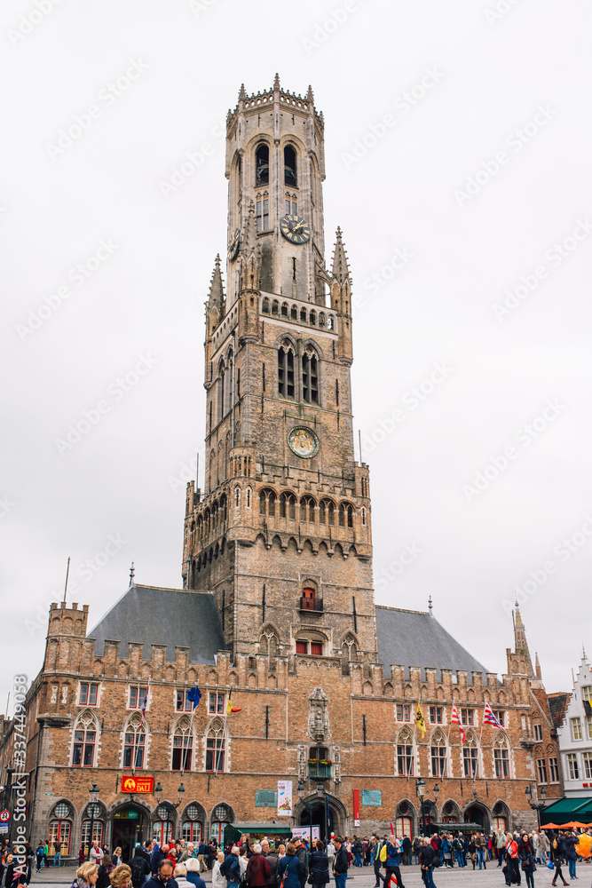 View of Belfort tower from the market square. Bruges, Brussels