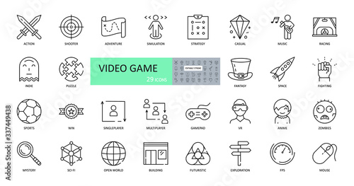 Video game icons. Set of images with editable stroke. Browser and downloadable games for computers and consoles. Action, strategy, adventure, simulator, race, football, victory, mystery, VR