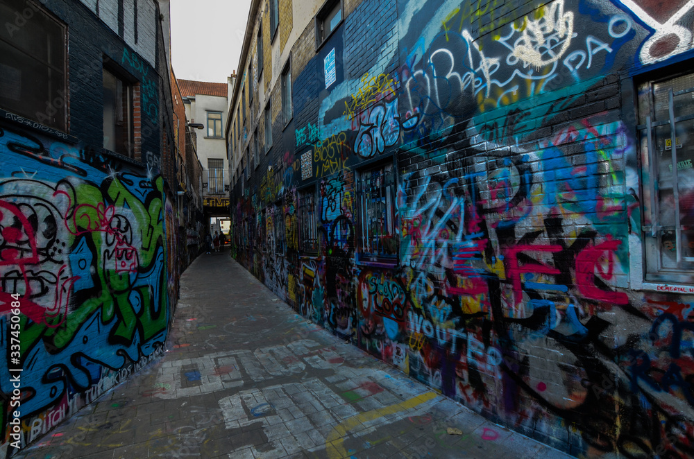 Fototapeta Gandawa, Belgia, sierpień 2019 r. Ulica graffiti to wąska ulica w całości poświęcona sztuce ulicznej. W tak czystym, eleganckim i uporządkowanym mieście odnajdujemy tutaj skupioną sztukę tego typu. Niektórzy turyści