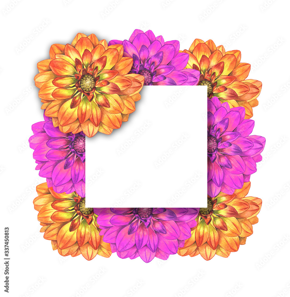 Fototapeta premium Beautiful flower frame with luxurious bouquets of peonies, roses hand-made watercolor illustration. flowers arranged in a wreath, flower business card. for wedding invitations and greeting cards