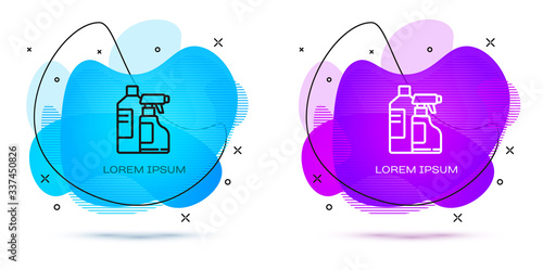 Line Plastic bottles for laundry detergent, bleach, dishwashing liquid or another cleaning agent icon isolated on white background. Abstract banner with liquid shapes. Vector Illustration
