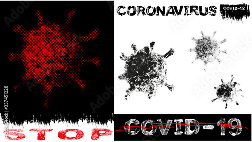 Concept of coronavirus microorganism. Words of coronavirus covid19 theme. Motivation slogan - stop covid-19. Letters with grunge and halftone effect, vector EPS10