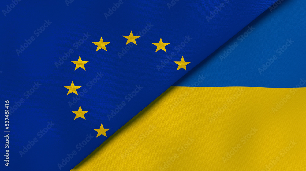 The flags of European Union and Ukraine. News, reportage, business background. 3d illustration