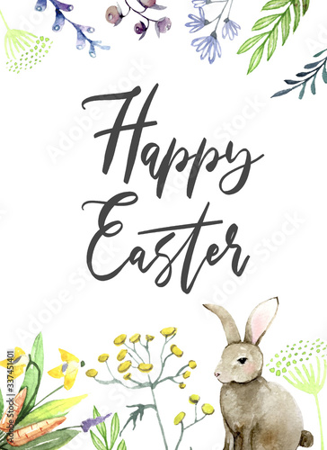 Vintage easter bunnies with eggs and willow branches. illustration
