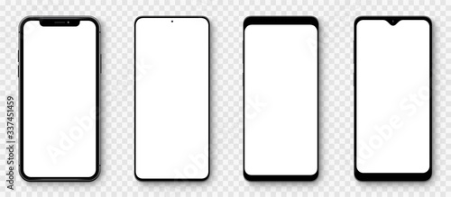 Realistic models smartphone with transparent screens. Smartphone mockup collection. Device front view. 3D mobile phone with shadow on transparent background - stock vector.