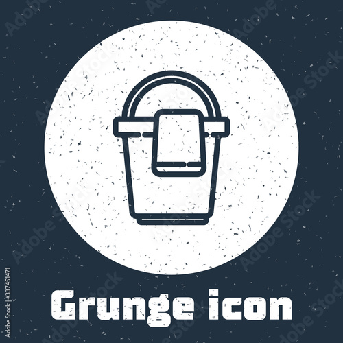 Grunge line Bucket with rag icon isolated on grey background. Cleaning service concept. Monochrome vintage drawing. Vector Illustration