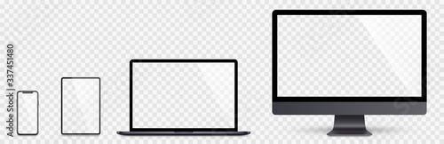 Realistic set computer, laptop, tablet and smartphone. Device screen mockup collection. Realistic space gray mock up computer, laptop, tablet, phone with shadow- stock vector.