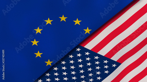 The flags of European Union and United States. News, reportage, business background. 3d illustration