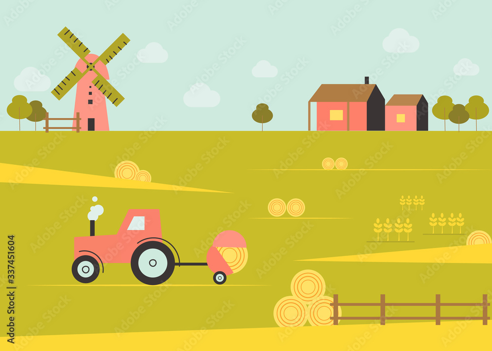 Countryside vector illustration with wheat fields, meadow, windmill, warehouse, trees and working tractor. Panoramic rural landscape. Farming agricultural concept. Organic fresh products. Flat style.