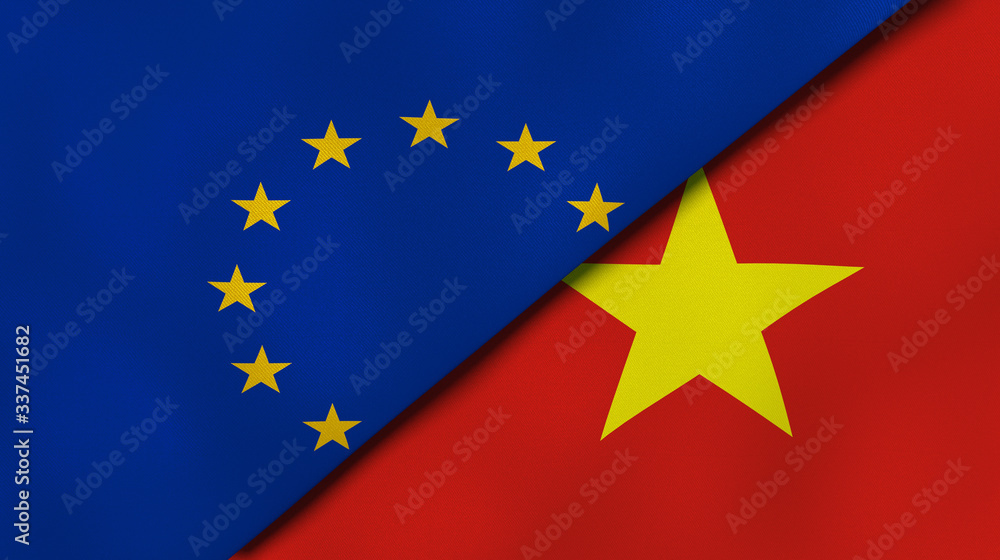 The flags of European Union and Vietnam. News, reportage, business background. 3d illustration