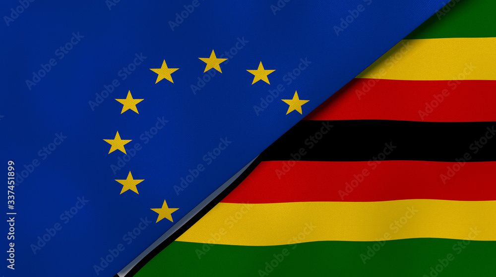 The flags of European Union and Zimbabwe. News, reportage, business background. 3d illustration