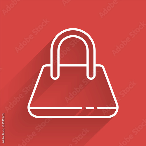 White line Handbag icon isolated with long shadow. Female handbag sign. Glamour casual baggage symbol.  Vector Illustration