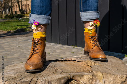 boots pink flower adhesive tape spring shoes yellow legs jeans man
