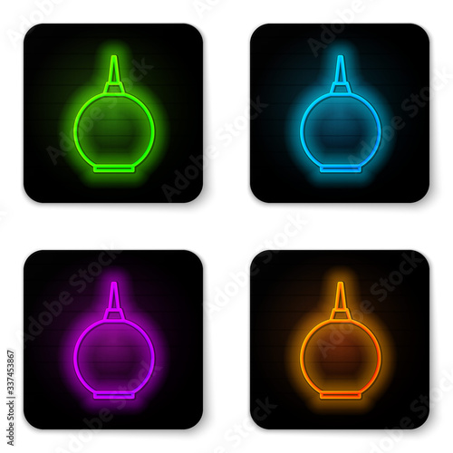Glowing neon line Enema icon isolated on white background. Enema with a plastic tip. Medical pear. Black square button. Vector Illustration