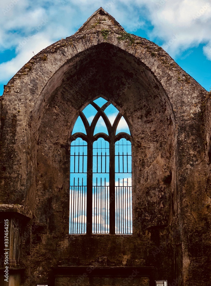window with blue sky at Quin Abbey, Ennis-Quin, Co. Clare, Ireland