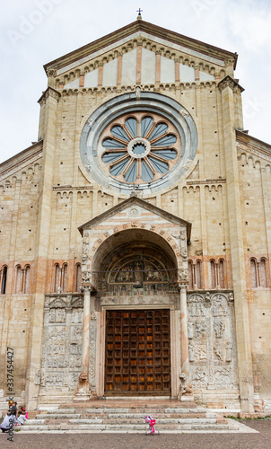 The main fasade of the Basilica di San Zeno Maggiore in old part of Verona city, Italy. © svarshik