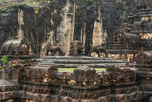 The wonder of Kailasa the Cave no. 16 of Ellora cave, a rock-cut monolithic temple. Ellora temple is  religious complex with Buddhist, Hindu and Jain cave temples and monasteries, India photo