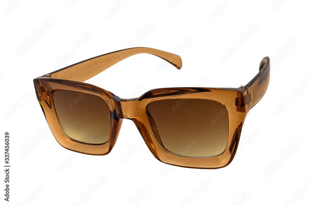 Yellow wayfarer horn rimmed sunglasses for women isolated on white background, side view Yellow wayfarer horn rimmed sunglasses for women isolated on white background, side view