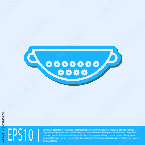 Blue line Kitchen colander icon isolated on grey background. Cooking utensil. Cutlery sign.  Vector Illustration