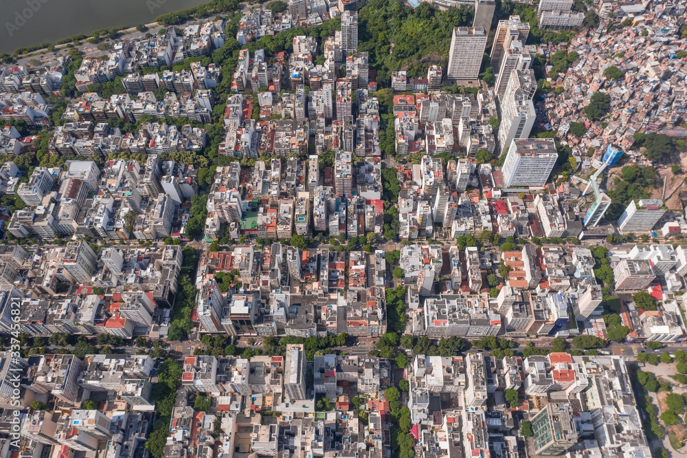 Large city buildings from high altitude, drone shot