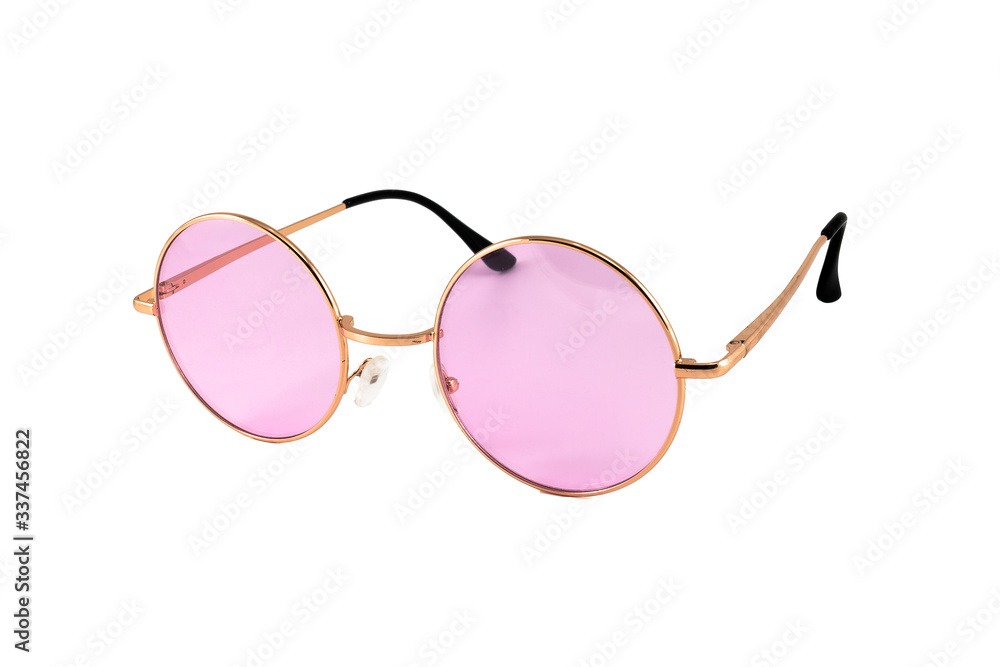 Pink oval sunglasses with gold frames isolated on white background - Side View Pink oval sunglasses with gold frames isolated on white background - Side View