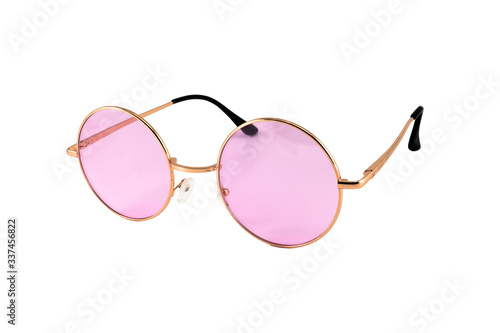 Pink oval sunglasses with gold frames isolated on white background - Side View