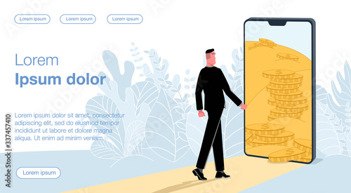 A man in a black business suit looks at a large phone in which mountains of gold and gold coins are visible. Vector illustration demonstrating the possibilities of remote work and distance earnings