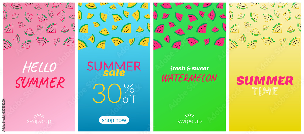 The concept of freshness of summer, sale, sweetness. World Watermelon Day. Vector set of banners, multicolored summer backgrounds.