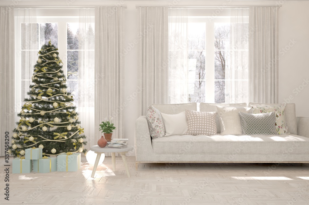 Winter new year interior of living room with sofa. Scandinavian design. 3D illustration Winter new year interior of living room with sofa. Scandinavian design. 3D illustration