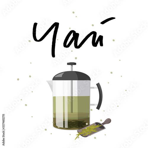 French press with green tea inside and handwritten calligraphic title. Translation from Russian tea.