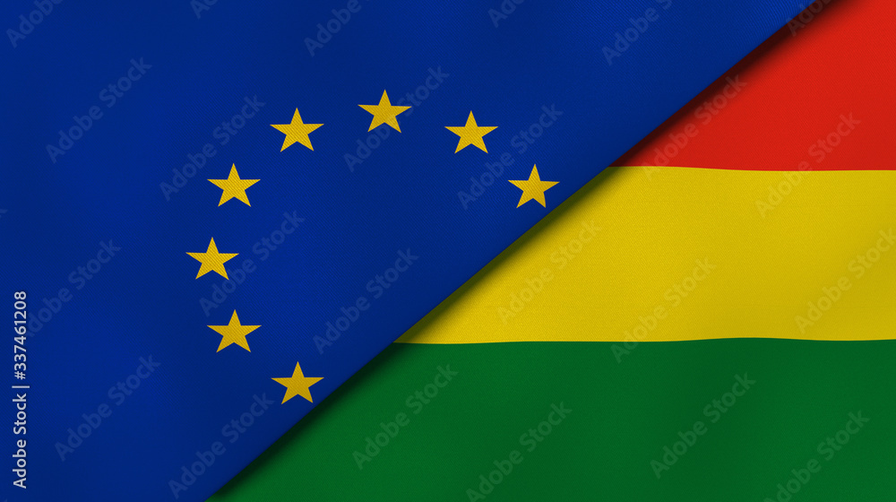 The flags of European Union and Bolivia. News, reportage, business background. 3d illustration
